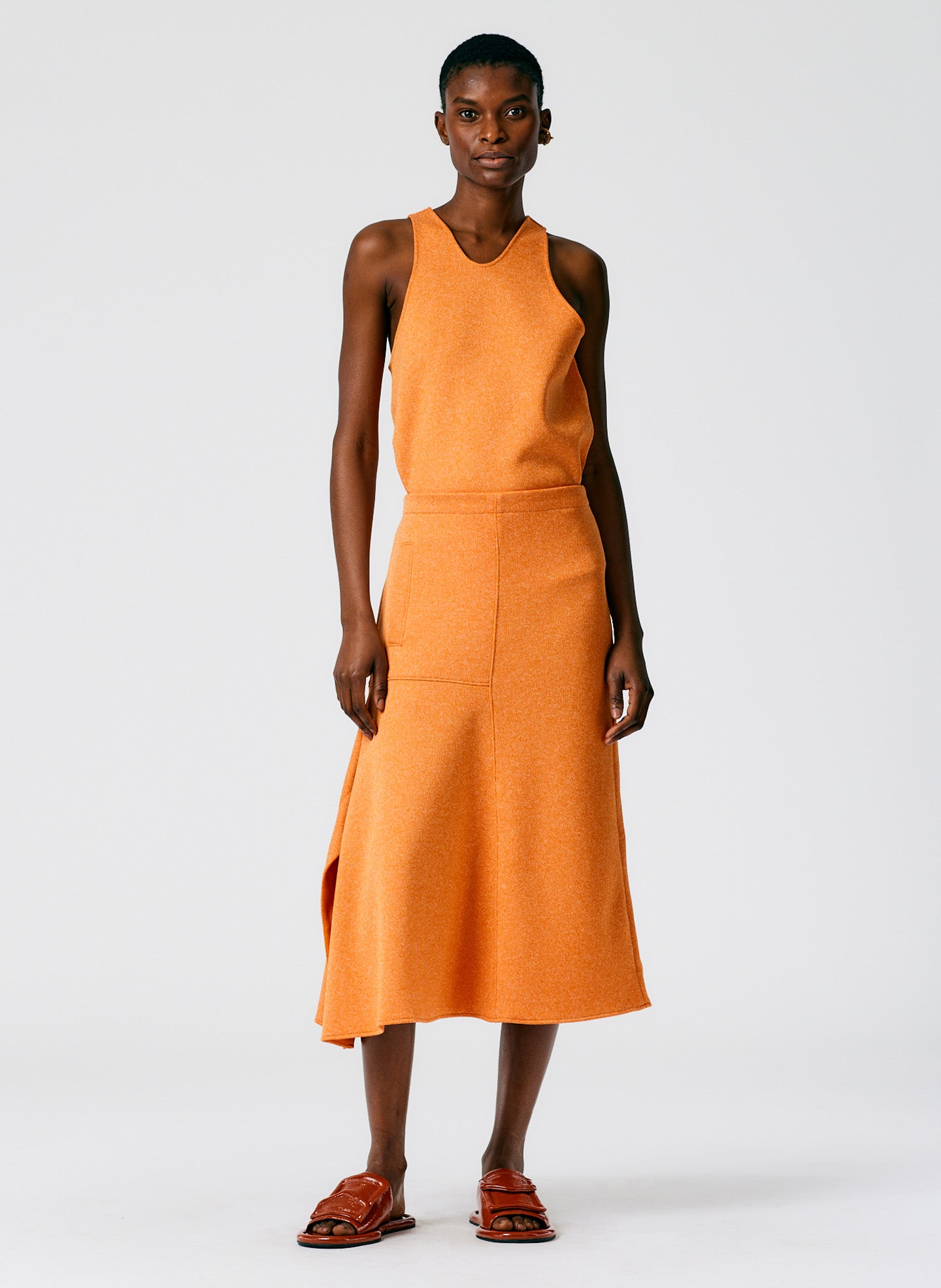 Speckled Knit Asymmetrical Flare Skirt - Orange-04