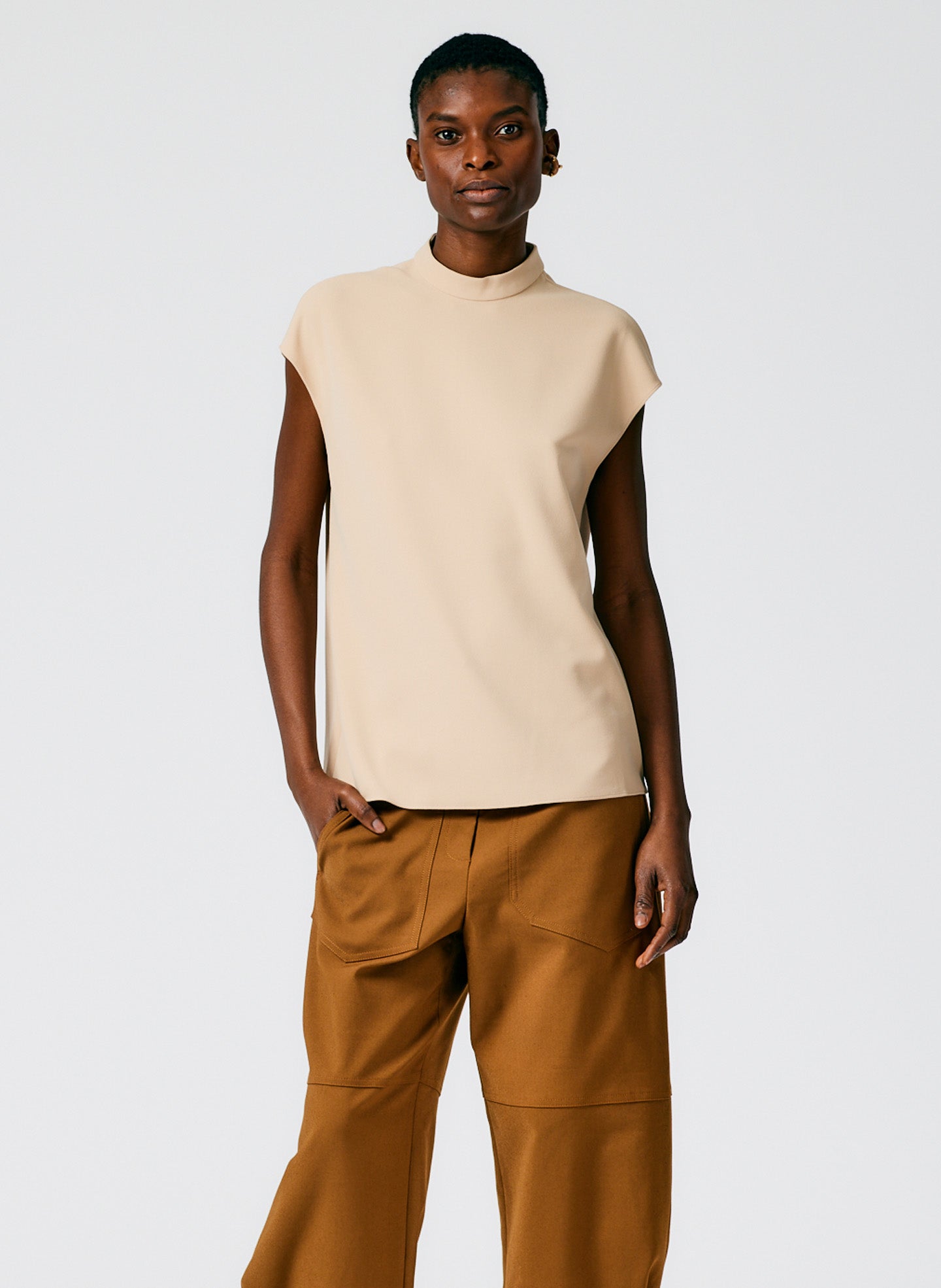 Structured Crepe Mock Neck Sleeveless Top - Nude-1