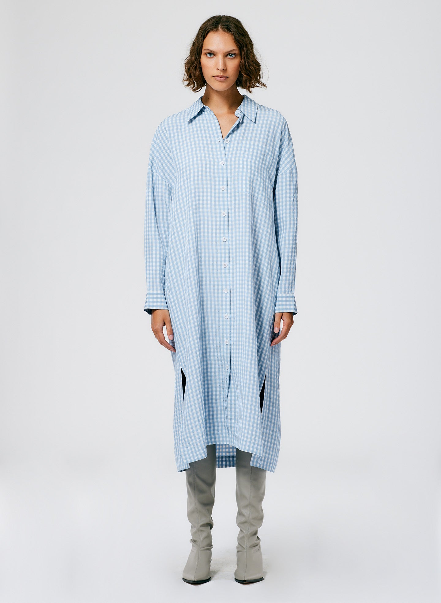 Viscose Gingham Shirtdress - Light Blue Multi-01