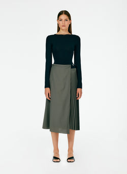 Tropical Wool Pleated Leather Wrap Skirt Dark Stone-01