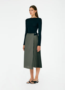 Tropical Wool Pleated Leather Wrap Skirt Dark Stone-02