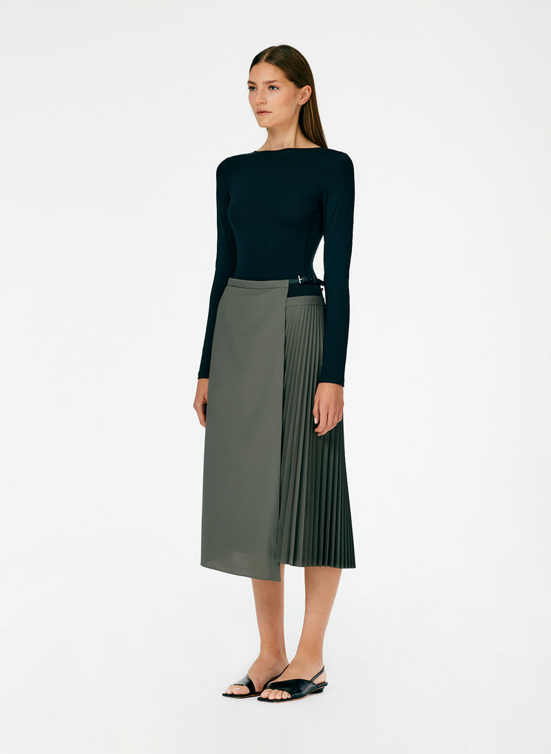 Tropical Wool Pleated Leather Wrap Skirt – Tibi Official