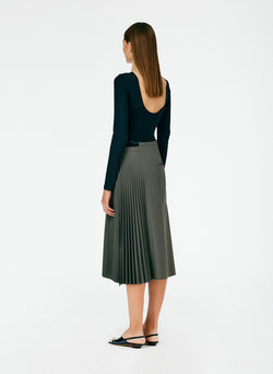 Tropical Wool Pleated Leather Wrap Skirt Dark Stone-03