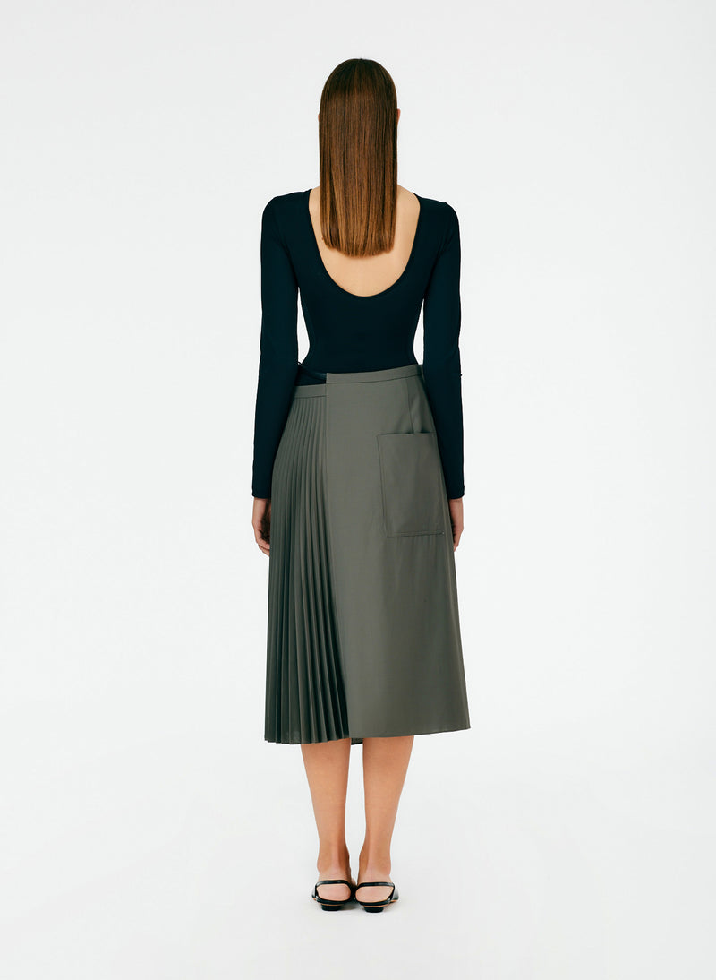 Tropical Wool Pleated Leather Wrap Skirt Dark Stone-04