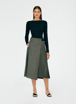 Tropical Wool Pleated Leather Wrap Skirt Dark Stone-05