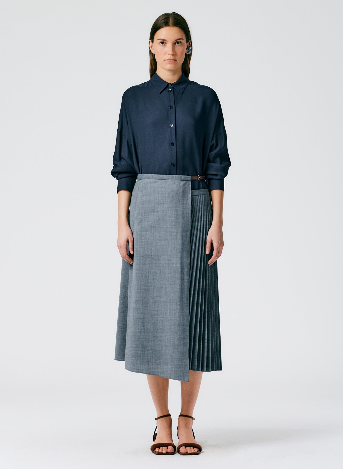Tropical Wool Pleated Leather Wrap Skirt - Heather Grey-01