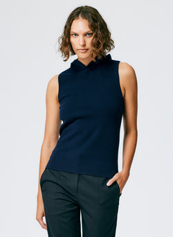 Compact Stretch Cashmere Sleeveless Hoodie Navy-1