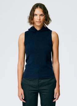 Compact Stretch Cashmere Sleeveless Hoodie Navy-3