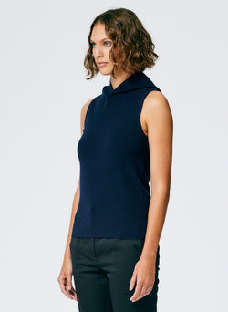 Compact Stretch Cashmere Sleeveless Hoodie Navy-4