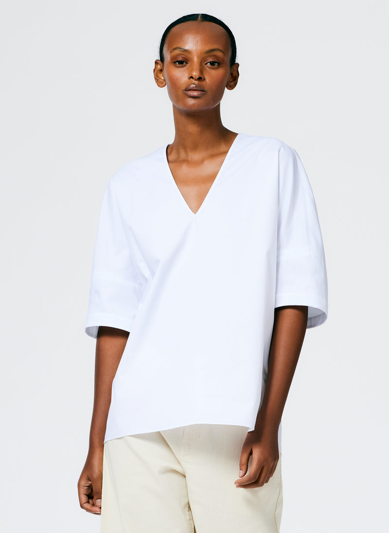 Eco Poplin V-Neck Cocoon Top White-1