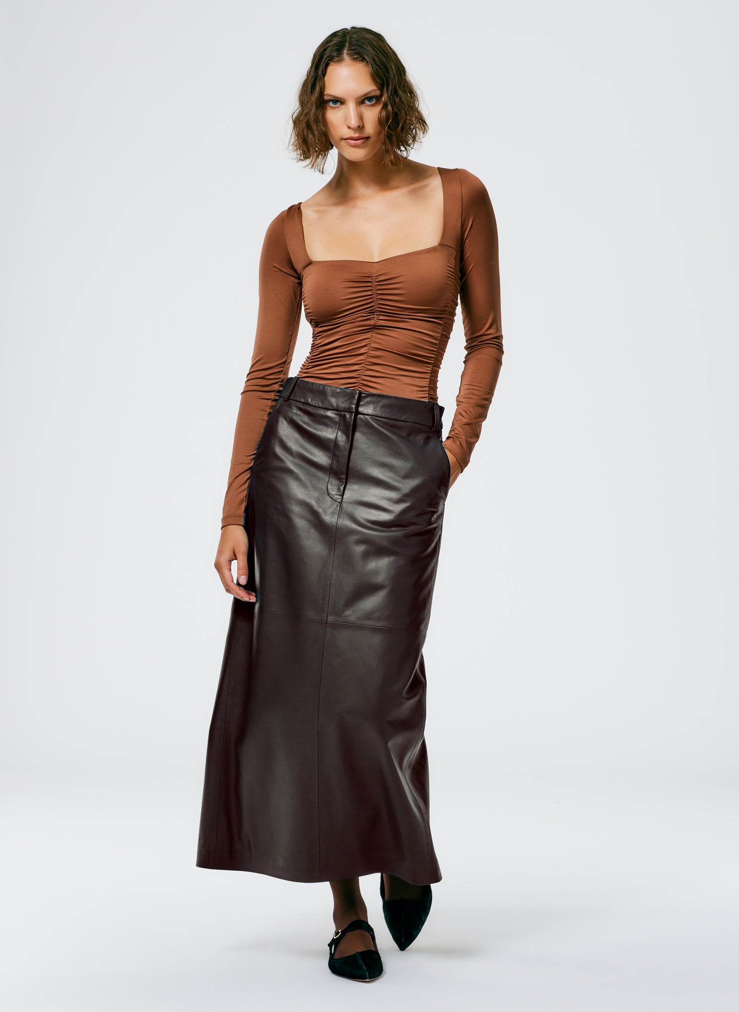 Leather Maxi Trouser Skirt - Brown-1