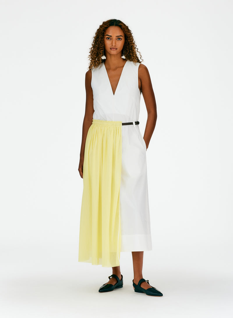 Crepe Gauze Half Skirt Layered Dress Canary Yellow White Multi-07