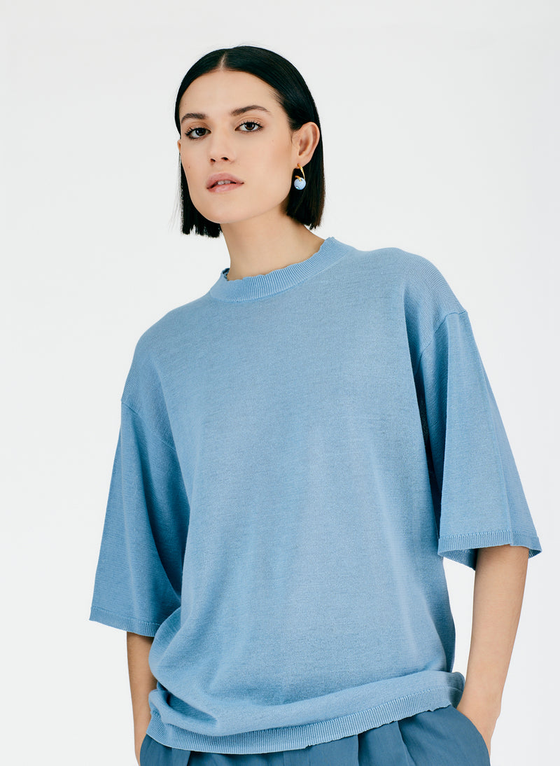 Crispy Cotton Oversized Easy T-Shirt Sea Blue-05