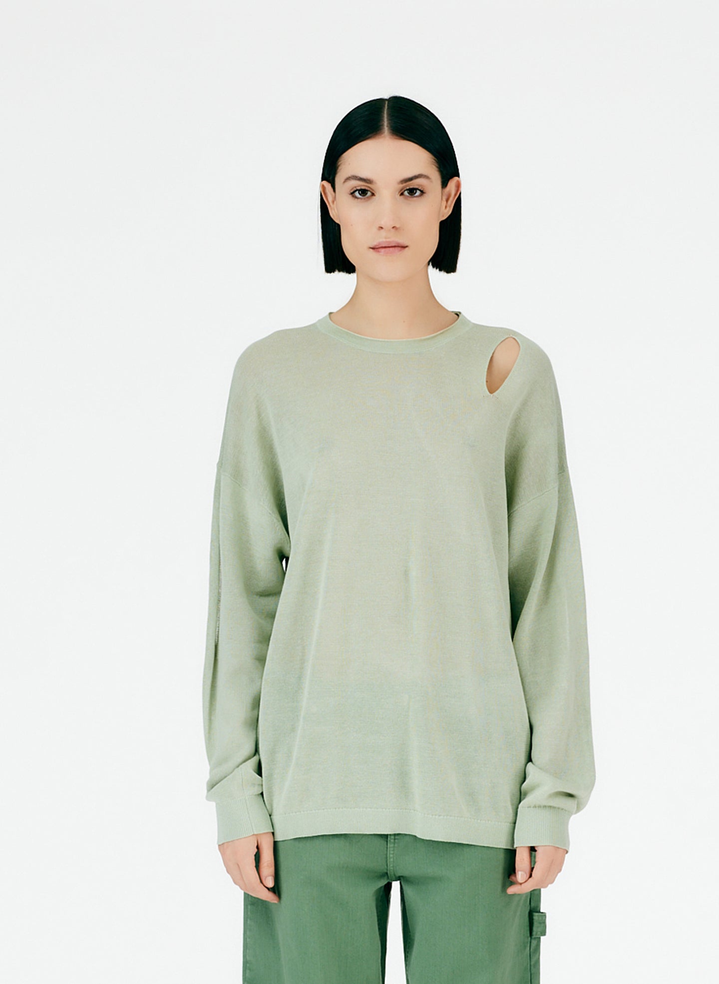 Crispy Cotton Slit Detail Oversized Pullover - Light Sage-01