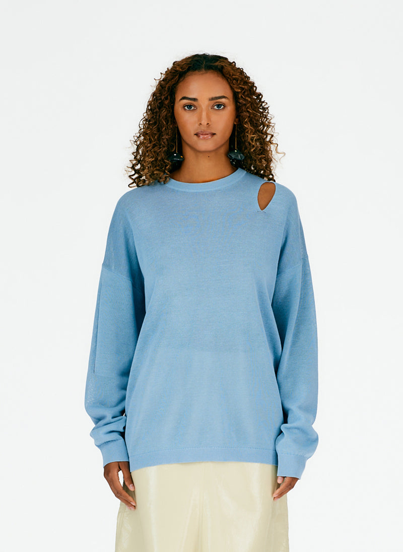 Crispy Cotton Slit Detail Oversized Pullover Sea Blue-01