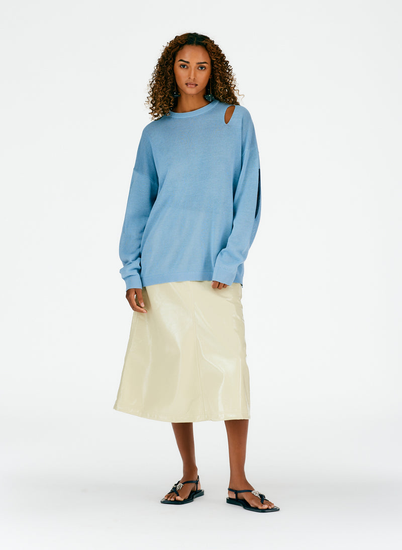 Crispy Cotton Slit Detail Oversized Pullover Sea Blue-06