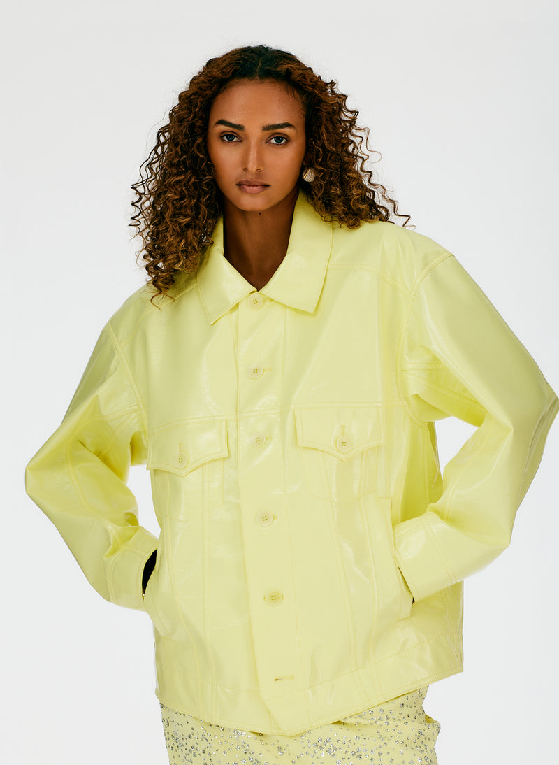 Faux Patent Leather Oversized Jacket Canary Yellow-06