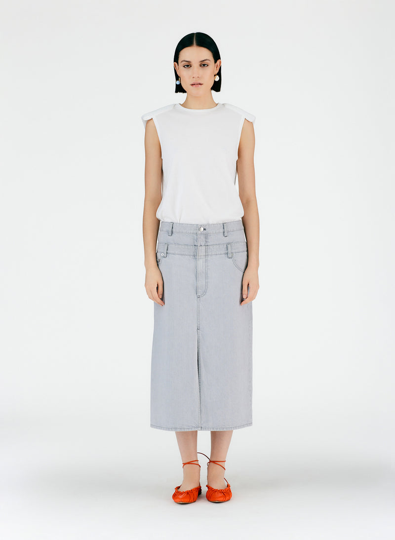 Grey Denim Double Waisted Denim Skirt Grey-06