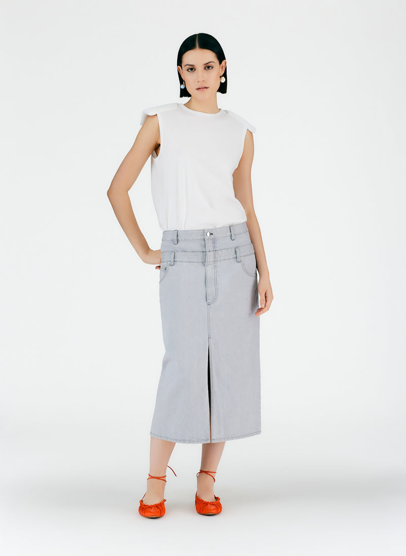 Grey Denim Double Waisted Denim Skirt Grey-01