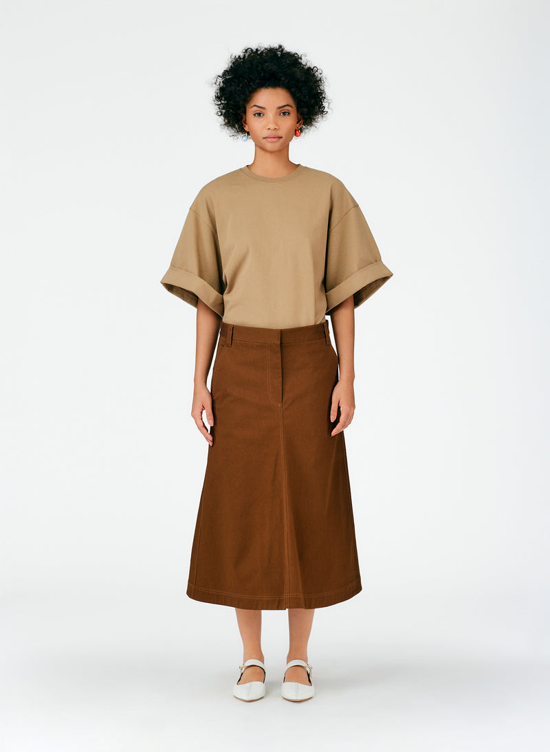 Organic Cotton Twill Maxi Aline Skirt Coco Brown-01
