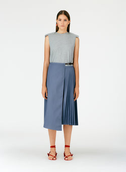 Pleated Cotton Leather Wrap Skirt Grey-01