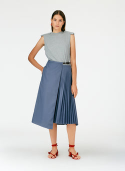 Pleated Cotton Leather Wrap Skirt Grey-06