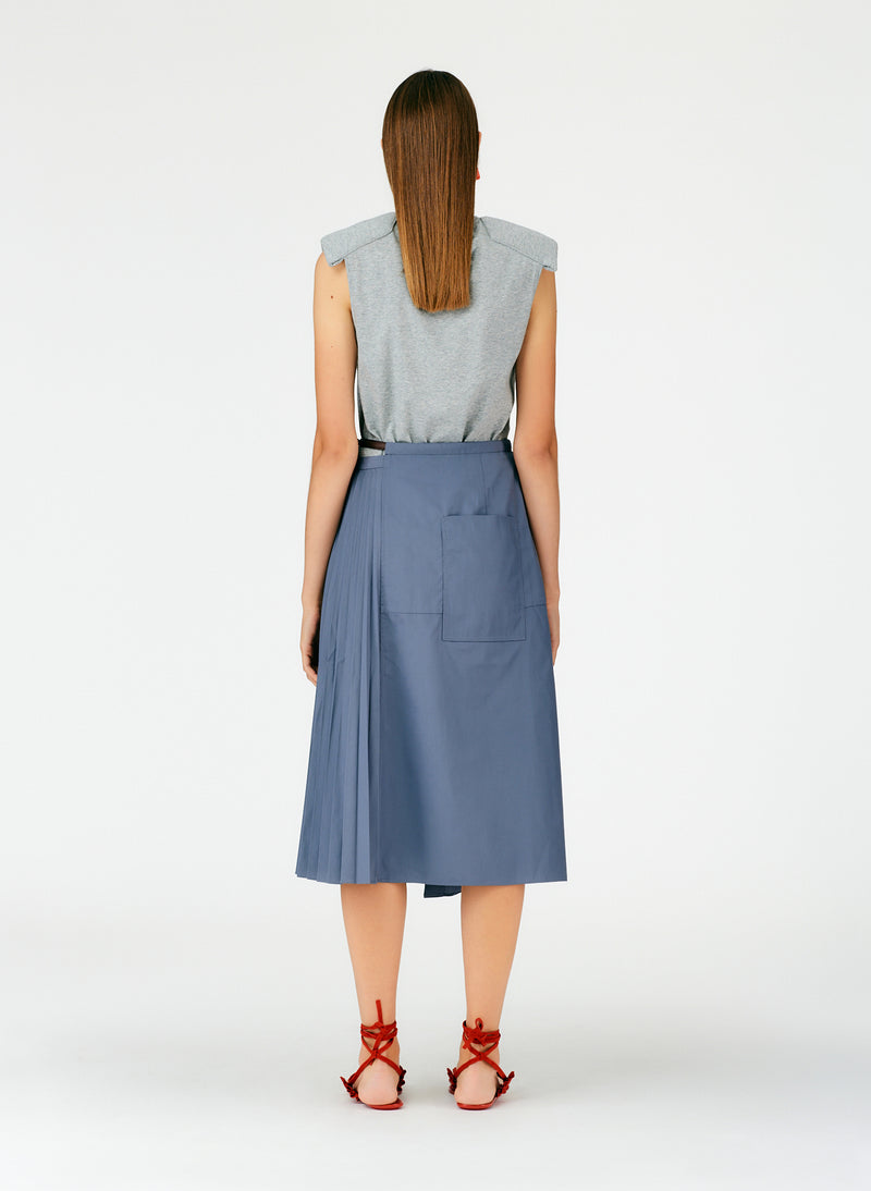 Pleated Cotton Leather Wrap Skirt Grey-03