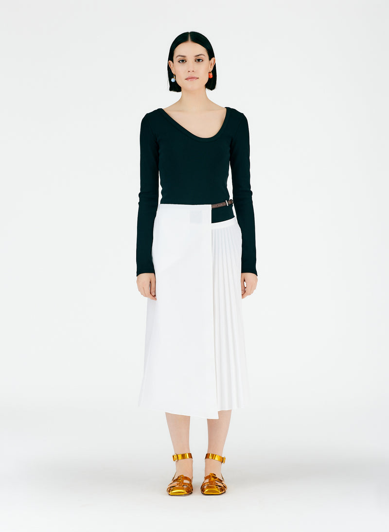 Pleated Cotton Leather Wrap Skirt White-01