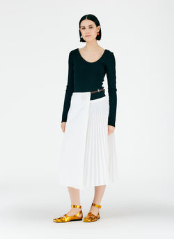 Pleated Cotton Leather Wrap Skirt White-05