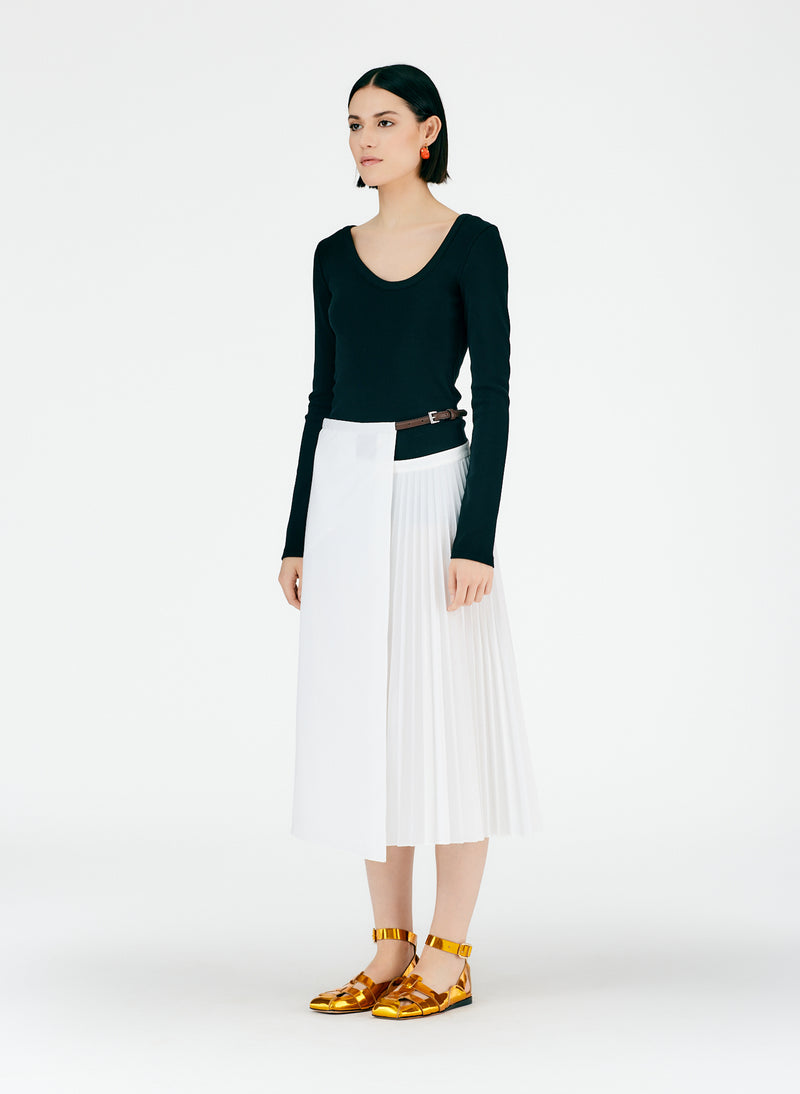 Pleated Cotton Leather Wrap Skirt White-02