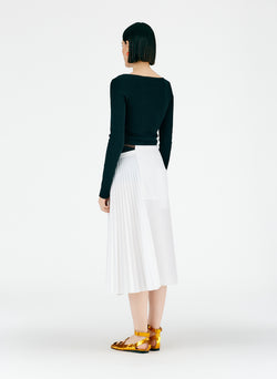 Pleated Cotton Leather Wrap Skirt White-04