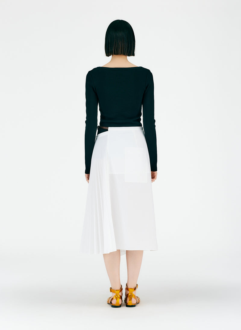 Pleated Cotton Leather Wrap Skirt White-03