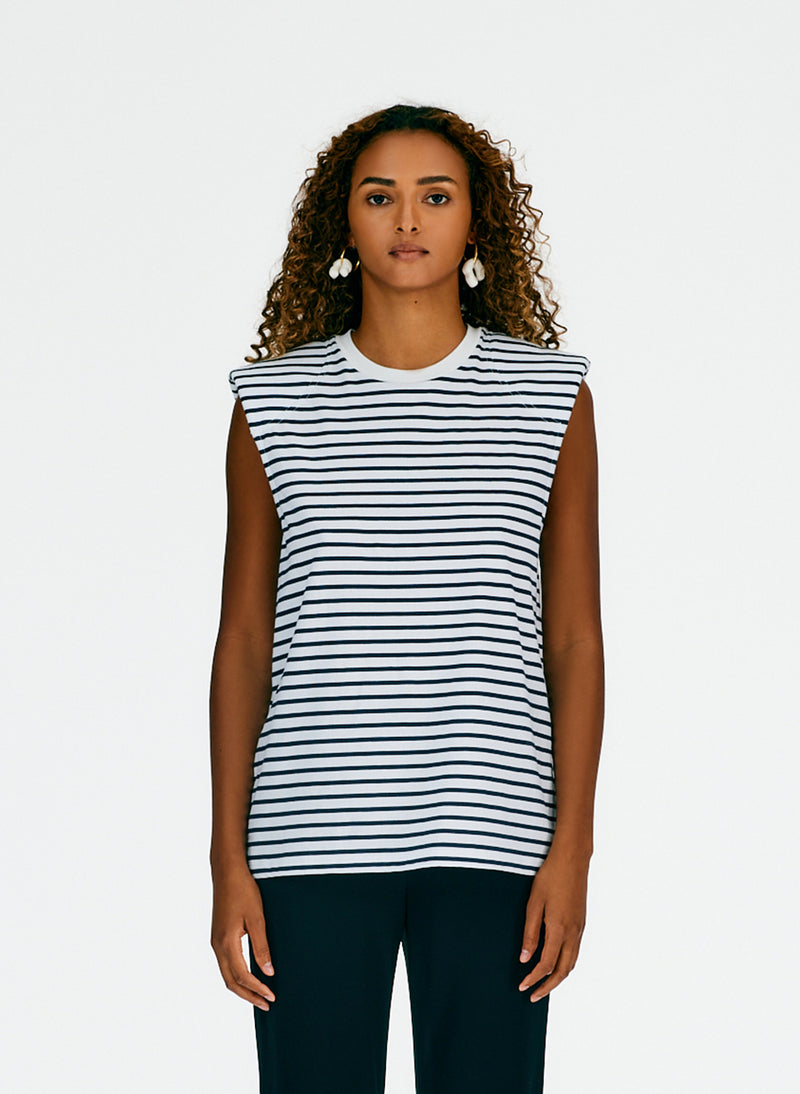 Striped Padded Shoulder Sleeveless T-Shirt Navy/White Multi-01