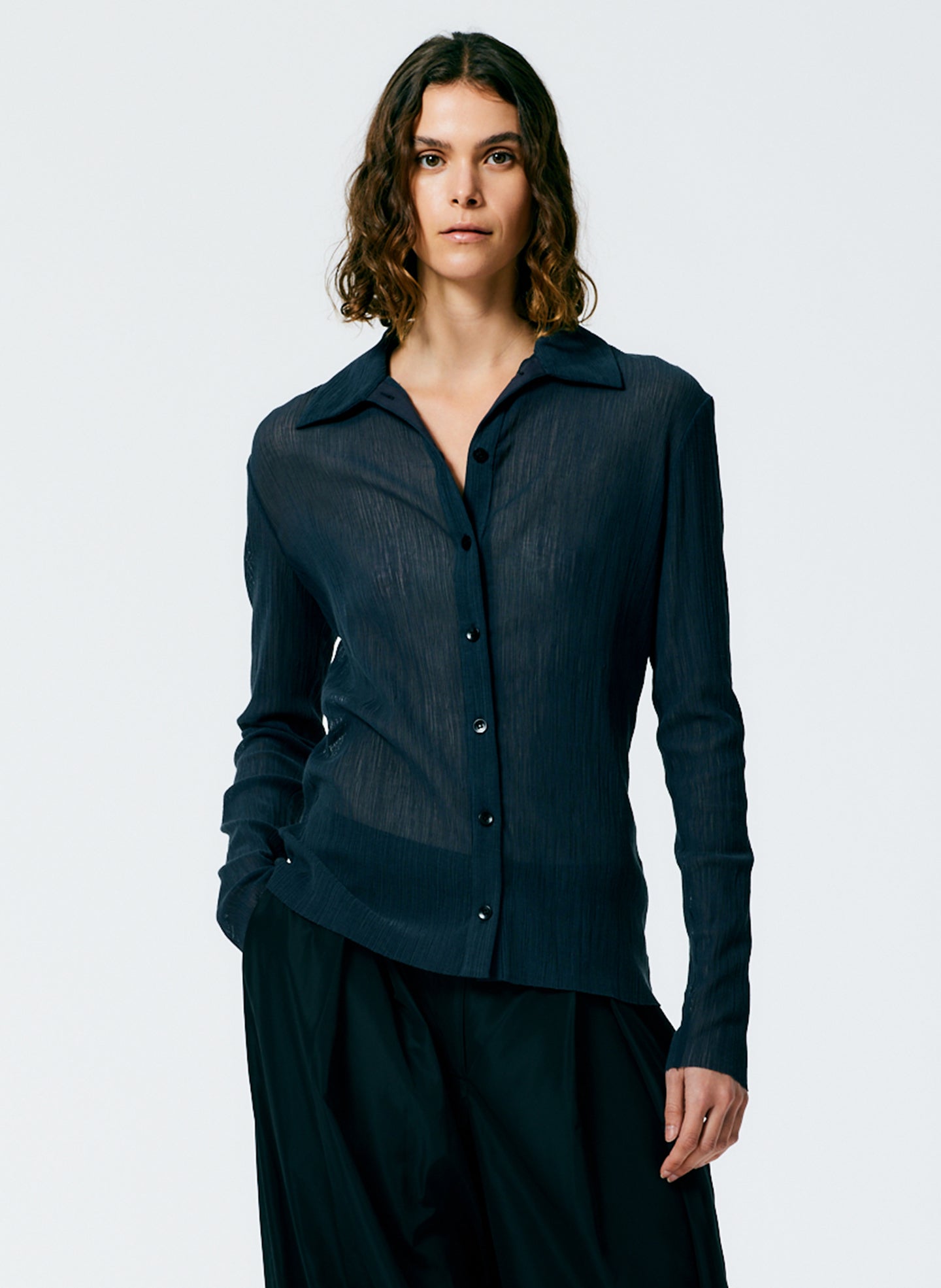 Crepe Gauze Long Sleeve Lean Shirt - Navy-1