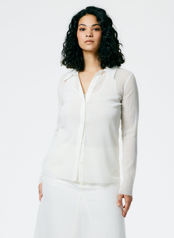 Crepe Gauze Long Sleeve Lean Shirt - White-1