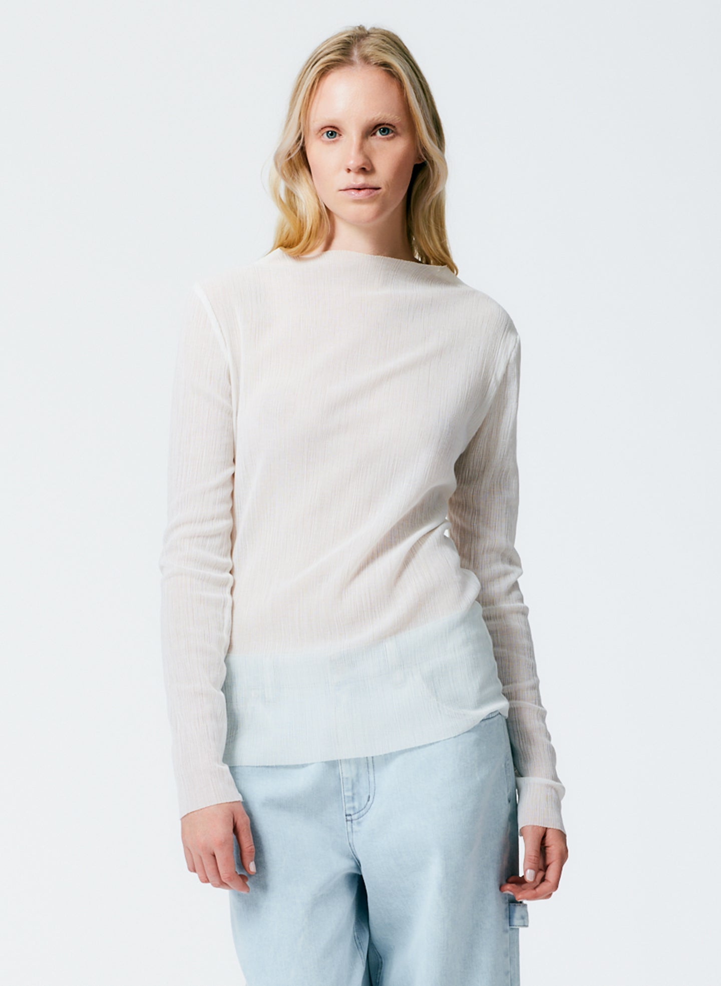 Crepe Gauze Funnel Neck Long Sleeve Top - White-1