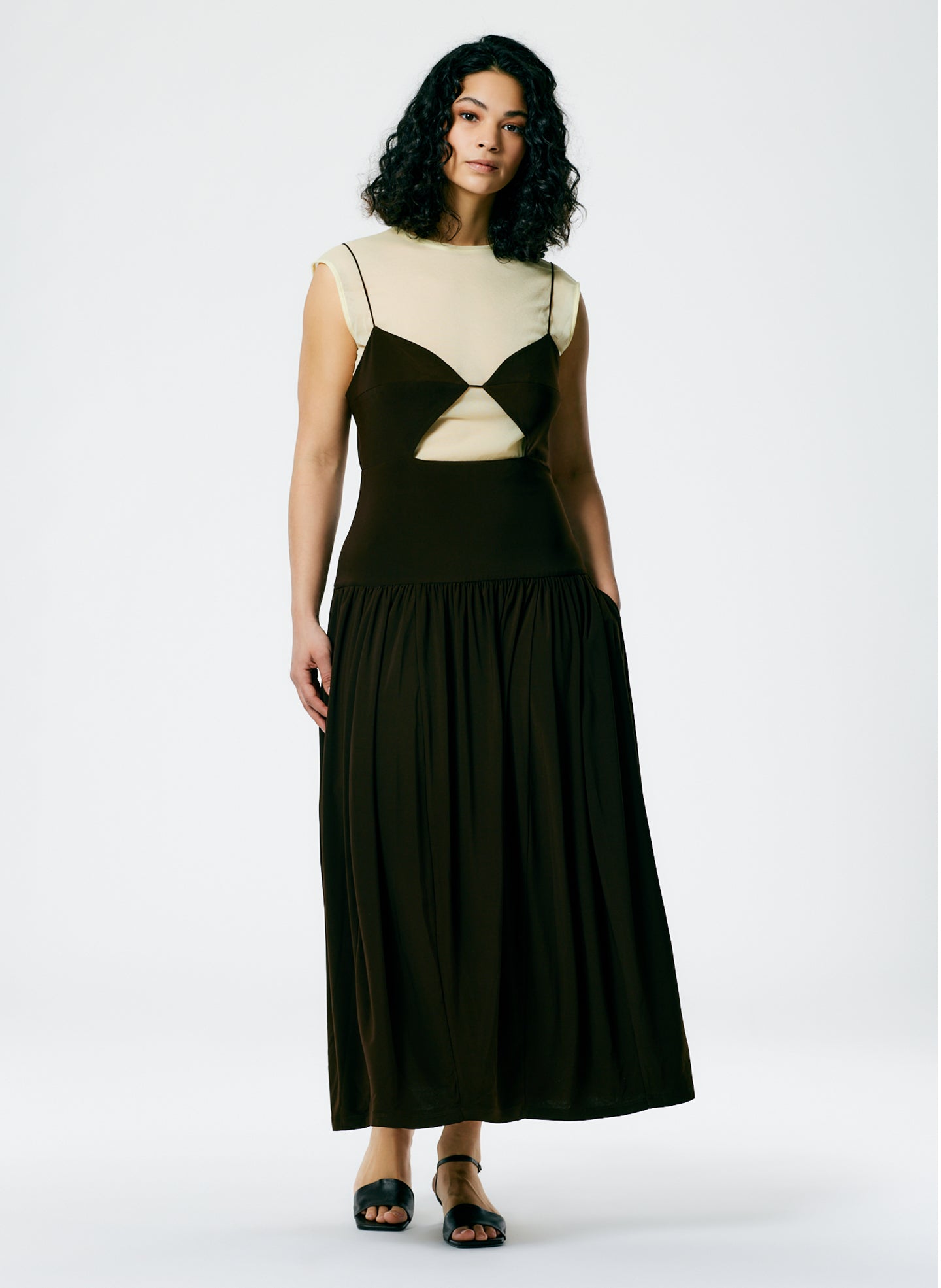 Drapey Jersey Cut Out Sculpted Shirred Dress Brown/Dusty Yellow Multi / 02 / S123DJ1564 Drapey Jersey Cut Out Sculpted Shirred Dress Brown/Dusty Yellow Multi / 02 / S123DJ1564