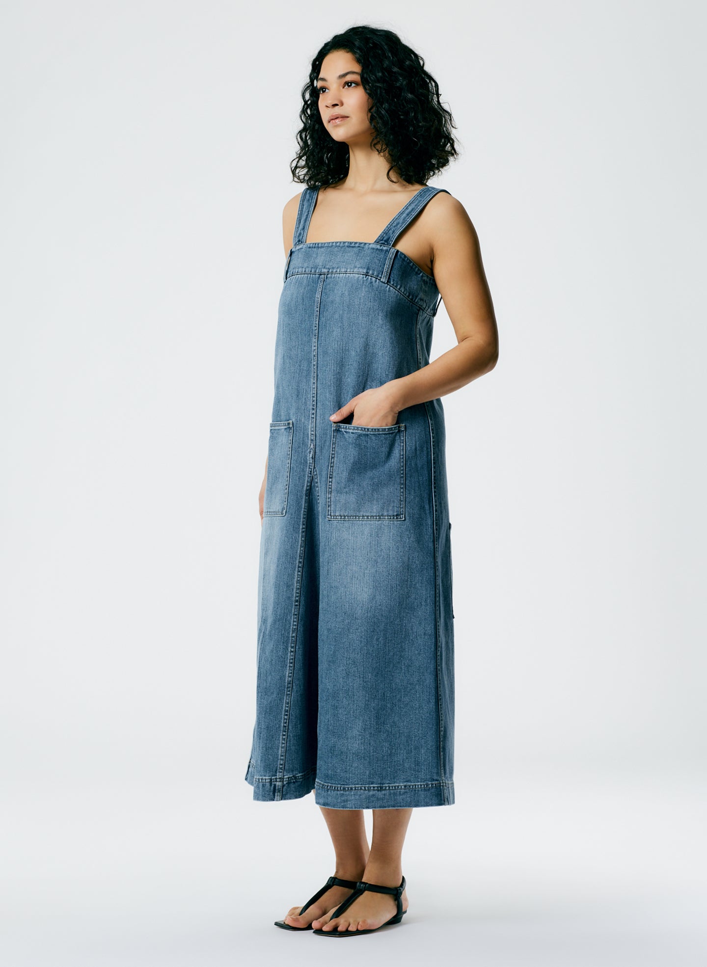 Classic Wash Denim Midi Overall Dress