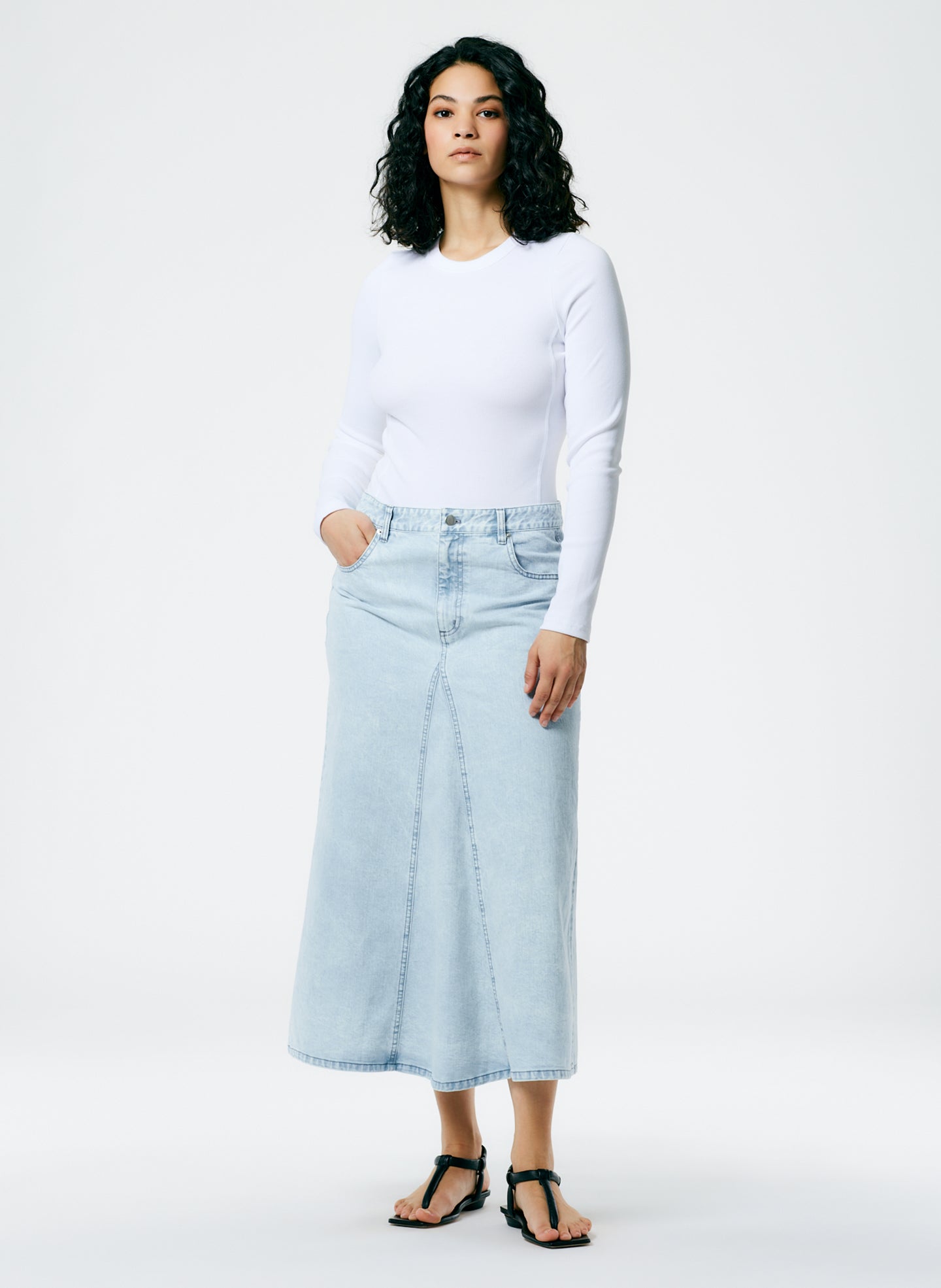 Denim Godet Midi Skirt - Bleached Denim-1