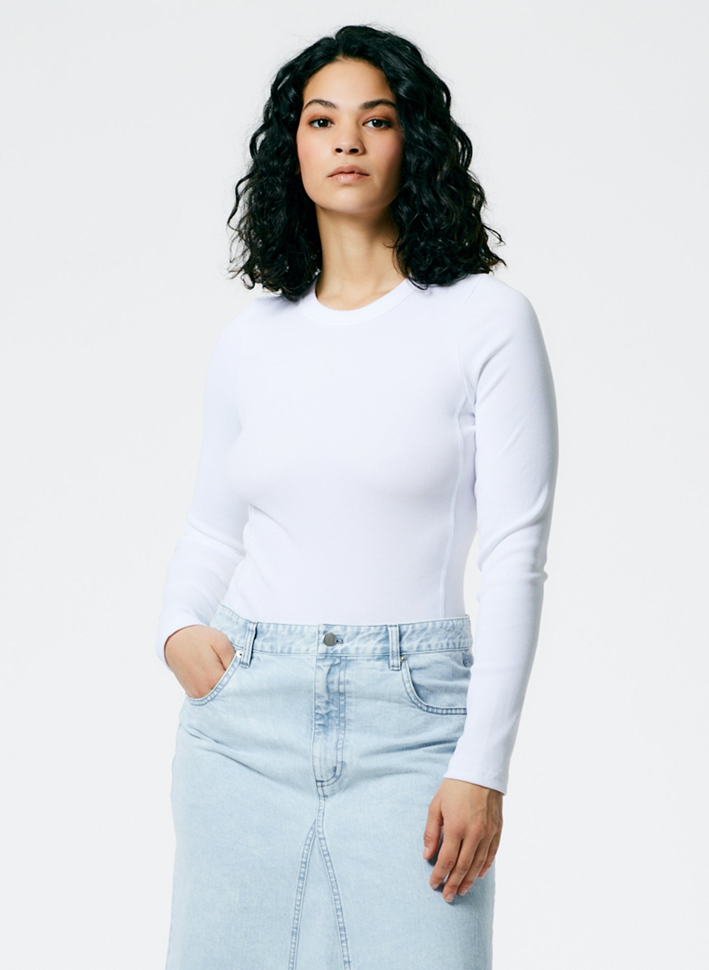 Ribbed T-Shirt Long Sleeve Bodysuit - White-1