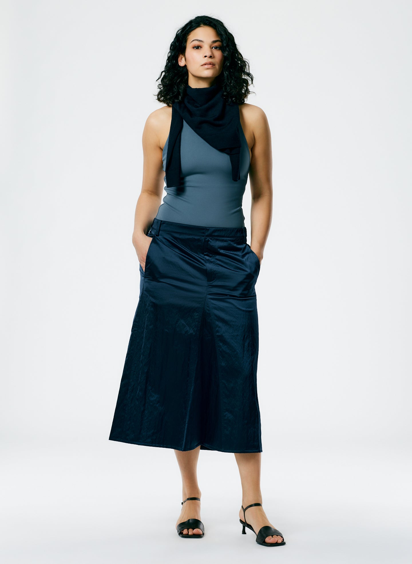 Luxe Eco Satin Godet Midi Skirt - Navy-1