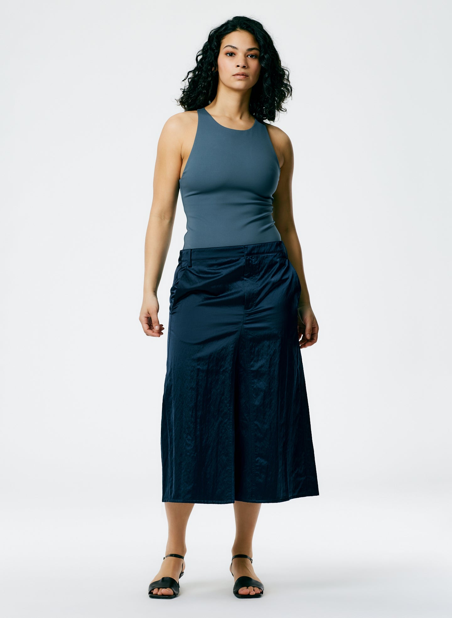 tibi eco silk pleated godet dress Tibi Luxe Eco Satin Godet Midi Skirt - Navy