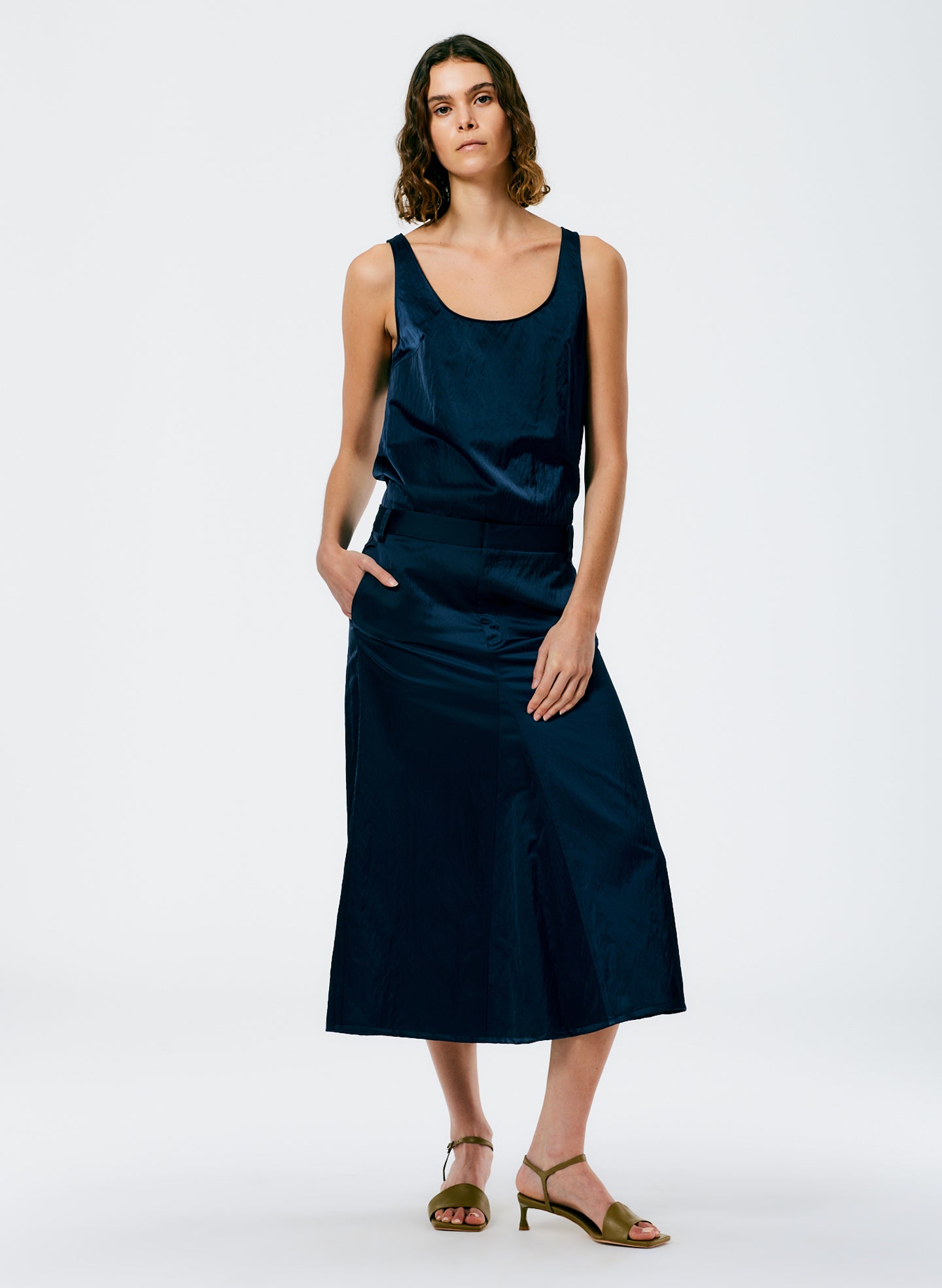 tibi eco silk pleated godet dress Tibi Luxe Eco Satin Godet Midi Skirt - Navy