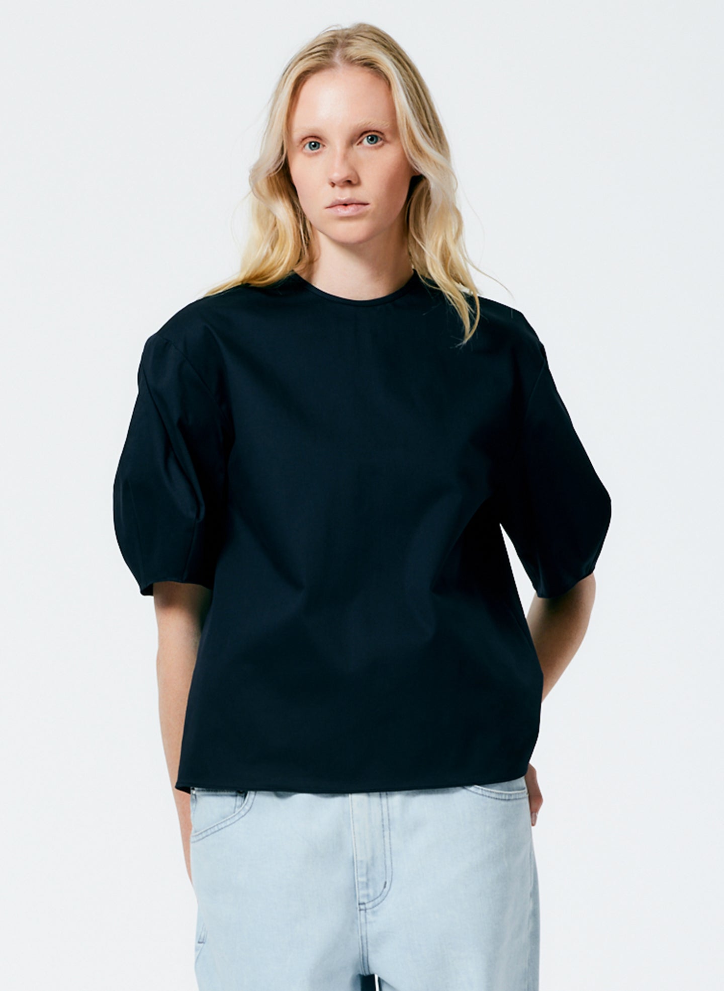 Mila Stretch Satin Easy Crew Neck Top - Navy-1