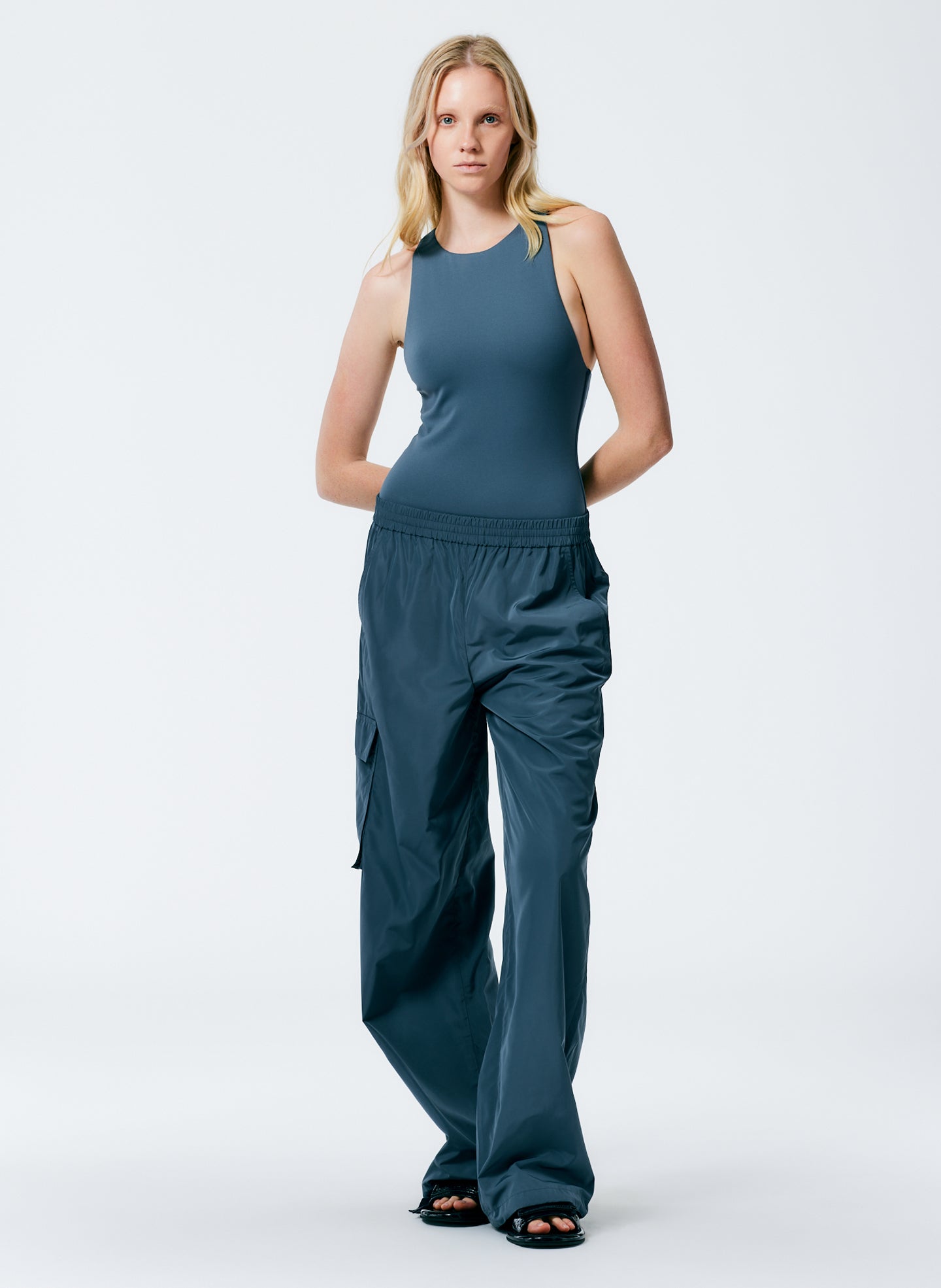 Italian Sporty Nylon Wide Leg Pull on Pant - Blue Grey-1