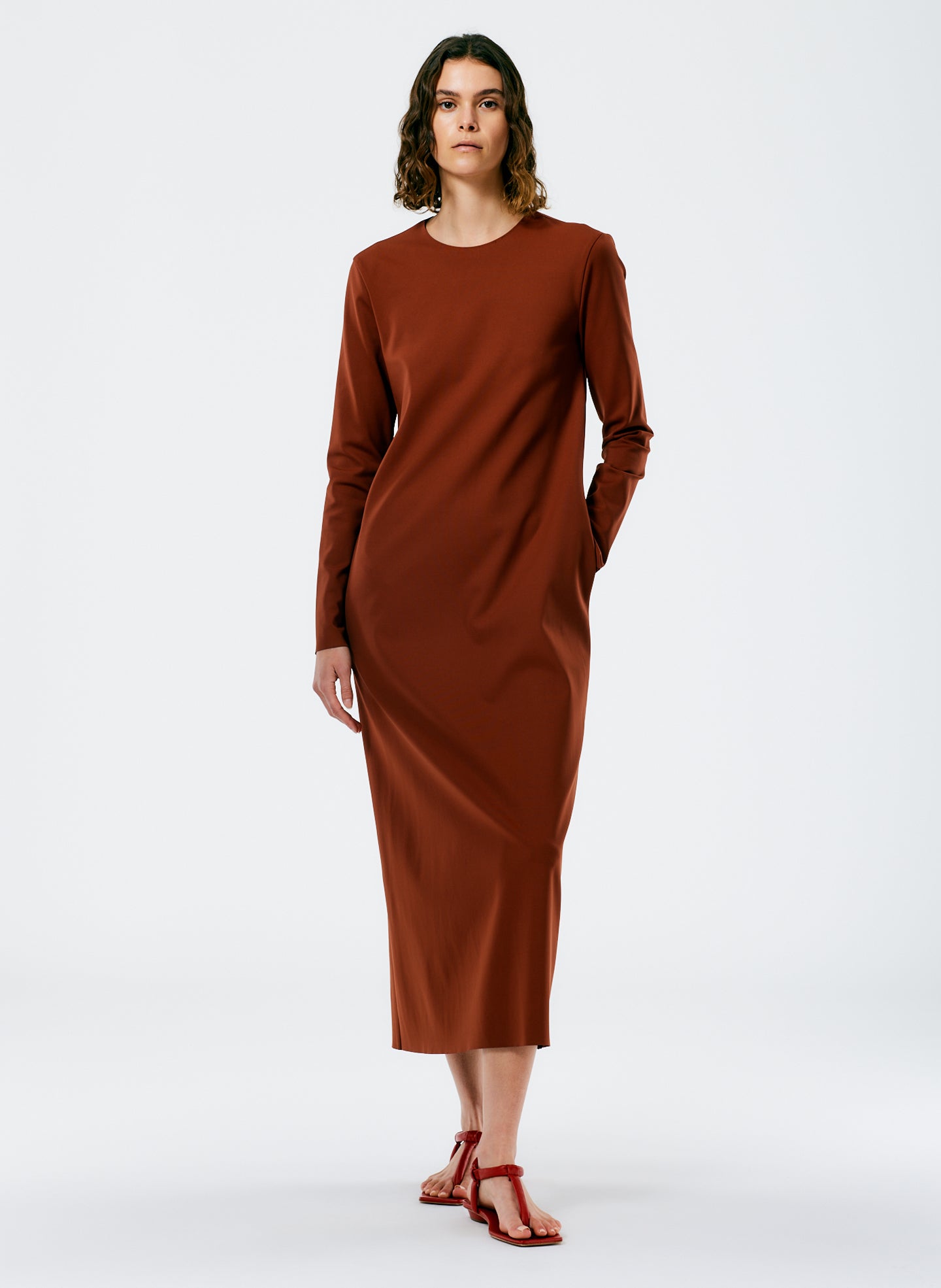 Compact Ultra Stretch Knit Long Sleeve Open Back Dress - Redwood-1