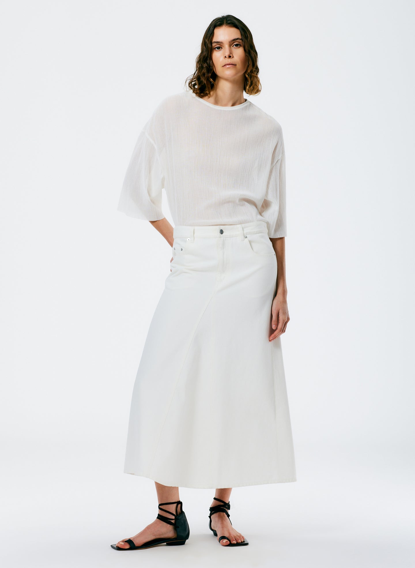 White Denim Godet Midi Skirt - White-1