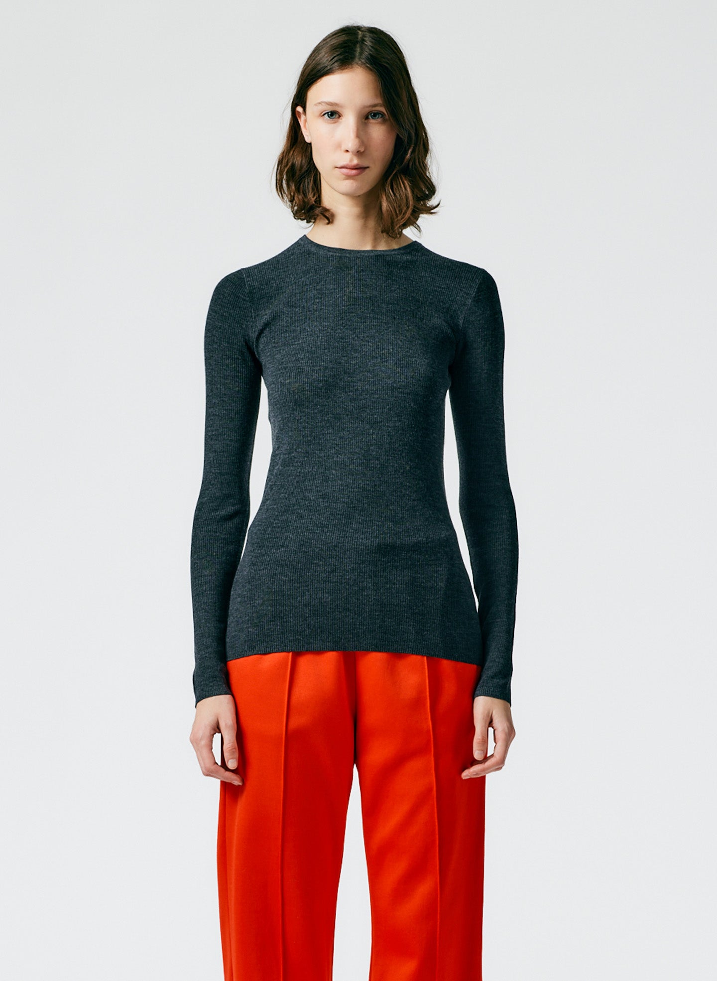 Feather Weight Ribbed Crewneck Pullover Sweater - Dark Heather Grey-01