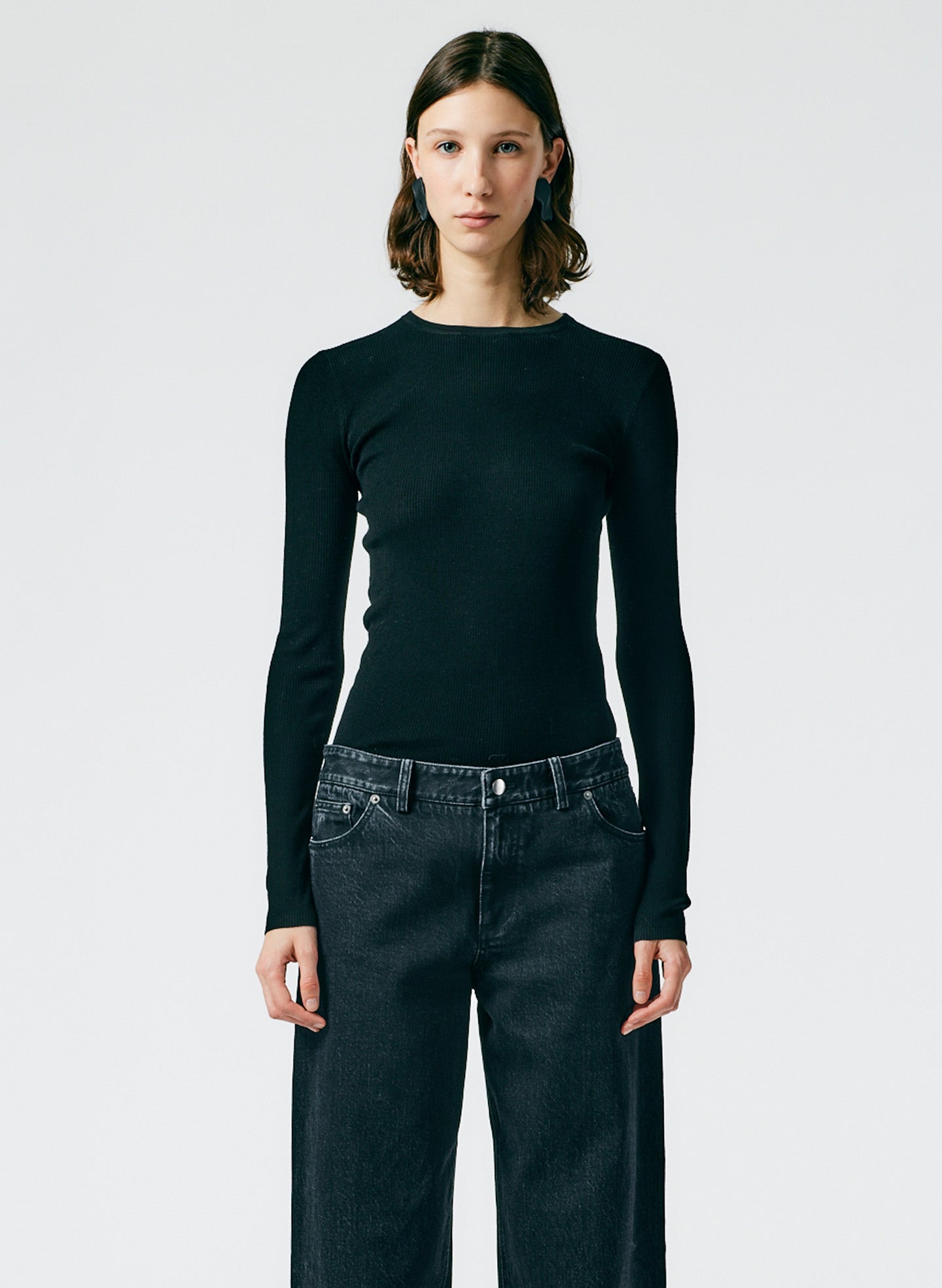 Feather Weight Ribbed Crewneck Pullover Sweater - Black-01