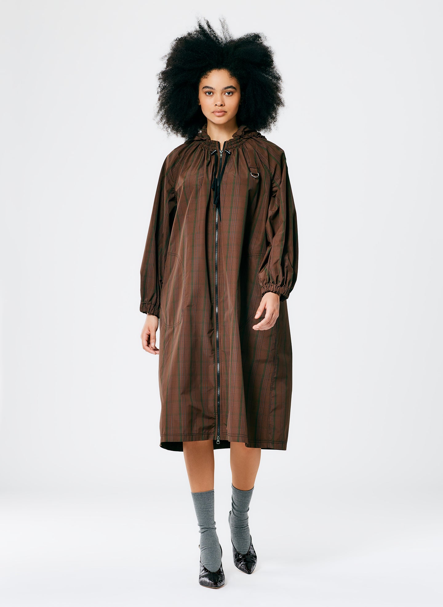 Plaid Tech Poly Long Anorak - Brown Multi-01